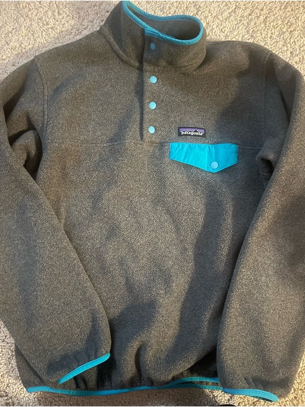 Patagonia Women’s Synchilla Snap-T Fleece Pullover, Gray/Teal, Size Small